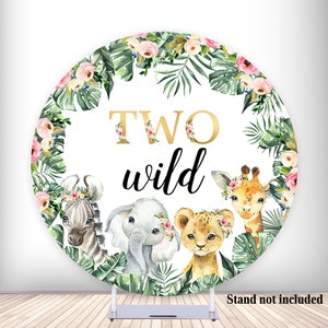 Two Wild Round Backdrop Cover Jungle Animals Safari Birthday Photo Background Woodland Leaves Polyester Fabric Circle Banner