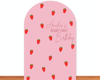 Strawberry Birthday Arch Cover Photo Backdrop Berry First Birthday Pink Double-Sided Photography Background Photo Studio Cover