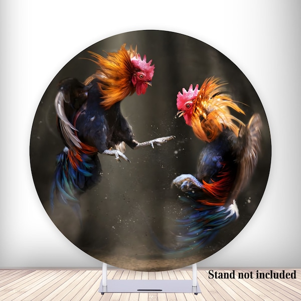 Two Roosters Fighting Round Photo Backdrop for Photography Elastic Fabric Chicken Photo Background Circle Photo Cover