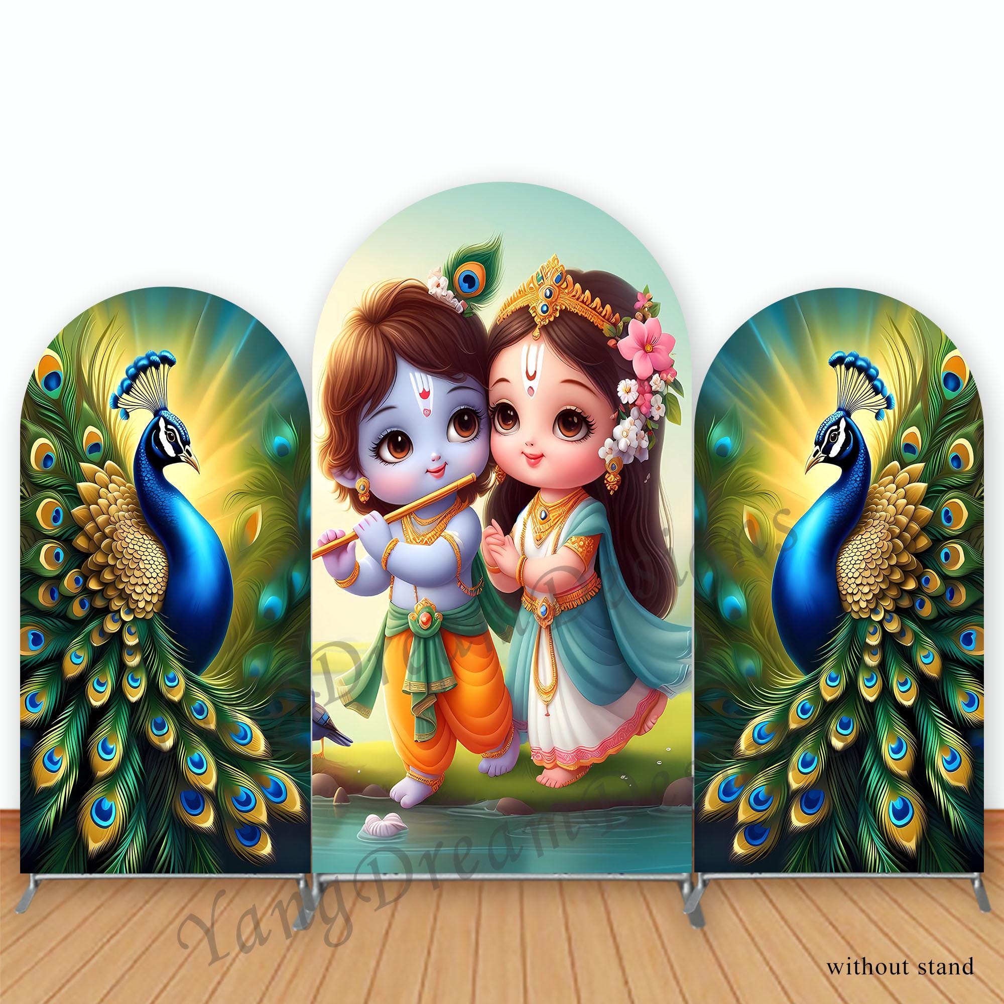 Krishna Theme Arch Photo Backdrop Cover Baby Shower Birthday Peacock Photography Background Polyester Fabric Photo Booth Cover