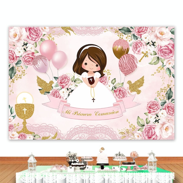 Mi Primera Comunion Photo Backdrop Pink Flowers Girl First Holy Communion Photography Background Vinyl Polyester Photo Studio Banner