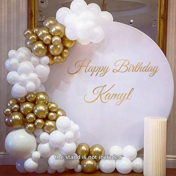 Fondo redondo personalizado con texto dorado: Cumpleaños, boda, baby shower