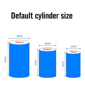 May include: Diagram showing three different sizes of blue cylinders with measurements in inches and centimeters. The largest cylinder is 15.8 inches in diameter and 35.5 inches tall. The middle cylinder is 14.2 inches in diameter and 29.6 inches tall. The smallest cylinder is 13 inches in diameter and 23.7 inches tall.