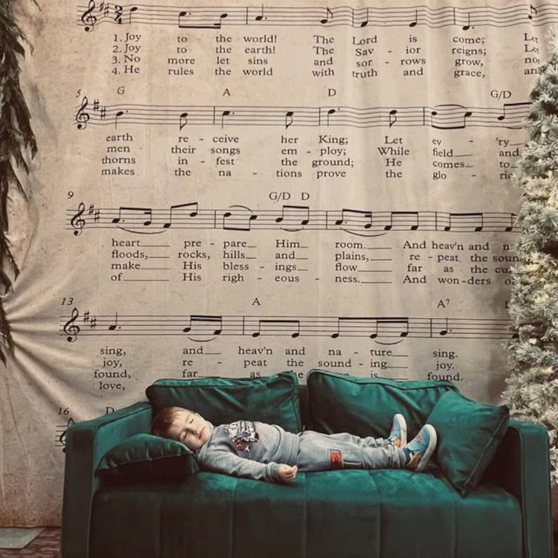 Joy to the World Christmas Backdrop: Vintage Sheet Music Decor image 3