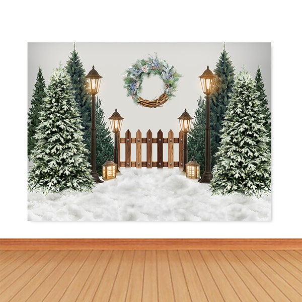 Toile de fond pour Photo de nuit de noël, arbre de noël, lampadaires, décoration de clôture, couronne de fond de photographie, accessoires de Studio Photo en vinyle blanc