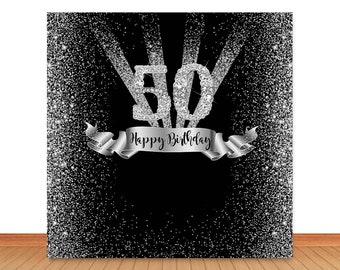 Happy 50th 60th Birthday Backdrop for Photography Silver Glitter Dots Black Photo Background Custom Vinyl Photo Studio Prop