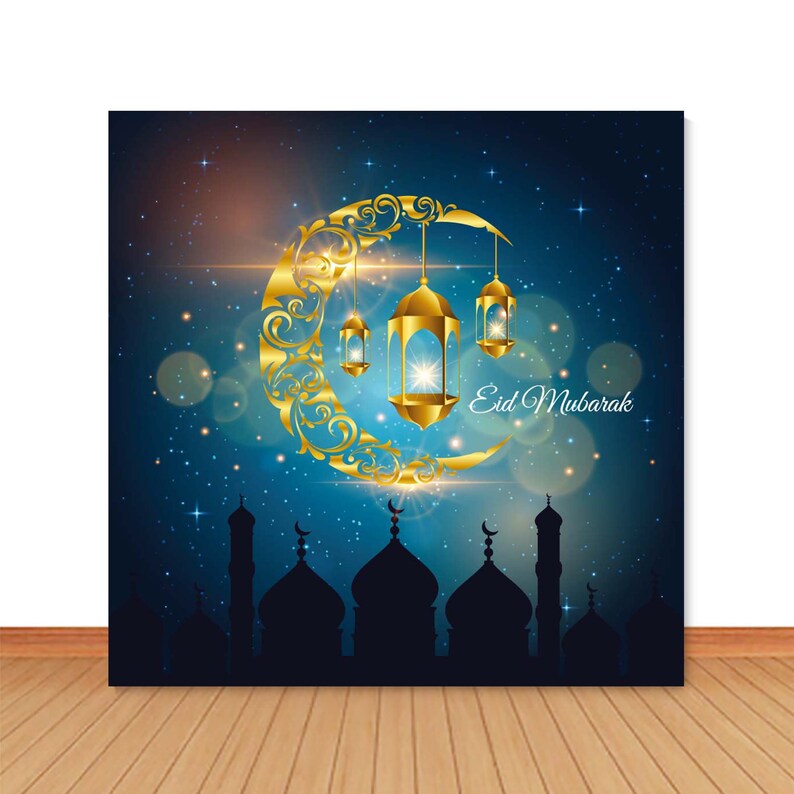 Islamic Eid Mubarak Photo Backdrop Happy Festival Glod Moon Bokeh Photography Background Navy Blue Sky Shiny Vinyl Photo Studio Props