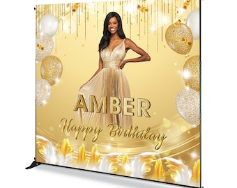 Custom Photo Birthday Backdrop: Gold Balloons, Personalized Photography Background