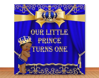 Our Little Prince Turns One Photo Backdrop Boys Birthday Royal Gold Crown Photography Background Navy Blue Custom Vinyl Photo Studio Props
