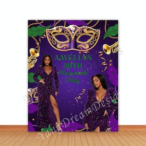 Könnte beinhalten: Lila-goldener Maskenball-Hintergrund mit einer gold-violetten Maske, Federn und dem Text "Amelia's 30th Masquerade Party".