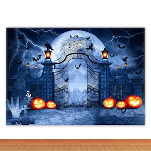 May include: A Halloween backdrop featuring a large, blue, iron gate with the words "Nevermore Academy" on top. The gate is open and behind it is a dark, stormy sky with a full moon. There are three jack-o'-lanterns in the foreground.