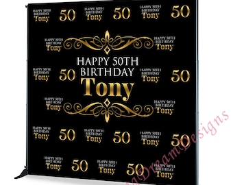 50th Birthday Photo Backdrop: Step and Repeat Background, Gold Black White Photography Banner
