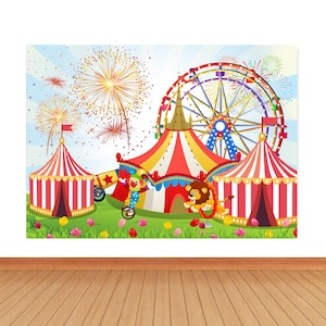 Circus Carnival Photo Backdrop Birthday Party Red Stripes Tents Clown Photography Background Colorful Fireworks Vinyl Photo Studio Prop image 1