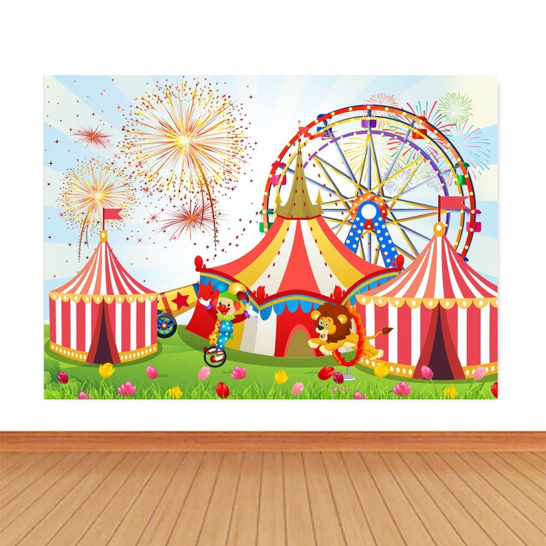 Circus Carnival Photo Backdrop Birthday Party Red Stripes Tents Clown Photography Background Colorful Fireworks Vinyl Photo Studio Prop image 1