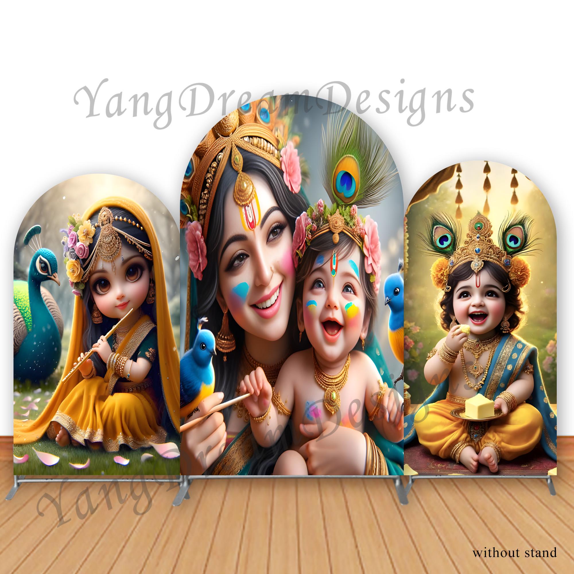 Krishna Theme Photo Backdrop Arch Cover Baby Shower Birthday Party Decor Photography Background Polyester Fabric Photo Booth Cover