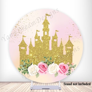 Princess Castle Round Backdrop Cover Pink and Gold Party Photo Background Polyester Fabric Circle Banner with Elastic