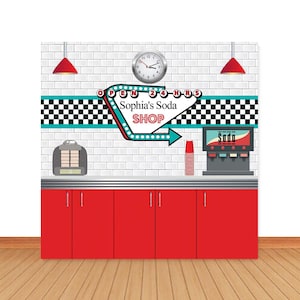 50er Jahre Soda Shop Fotohintergrund 1950er Jahre Retro Diner Time Party grau Ziegelwand Fotografie Hintergrund rot kundenspezifisches Vinyl Polyester Fotobanner