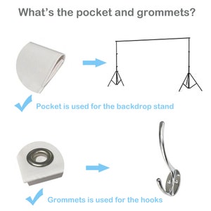 May include: A white backdrop with a sewn-in pocket and metal grommets. The pocket is used to insert a backdrop stand. The grommets are used to hang the backdrop from hooks.