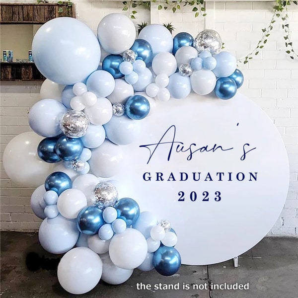 Class of 2023 Round Backdrop Cover Personalized Name Navy Blue Graduation Photo Background Polyester Fabric Circle Banner with Elastic