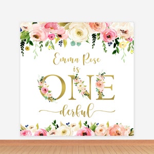 Girl Onederful Birthday Photo Backdrop Blush Pink Flower Custom 1st Birthday Photography Background