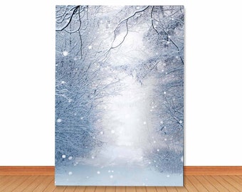 May include: A snowy forest path with trees covered in frost and falling snow. The path leads to a clearing in the distance.