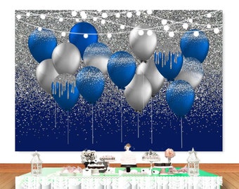 Blue Golden Happy Birthday Backdrop Balloons Photography Party Supplies  Decor