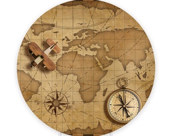 Vintage Map Round Photo Backdrop for Photography Navigation Travel Photography Background Brown Circle Photo Studio Props