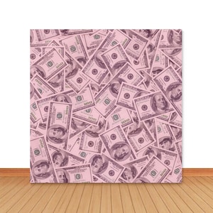 Puede incluir: Un fondo rosa con un patrón de billetes de 100 dólares. Los billetes están todos orientados en la misma dirección y se superponen. Los billetes están todos enfocados y el fondo está desenfocado.