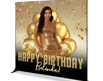 Custom Photo Birthday Backdrop: Gold Balloons, Personalized Banner