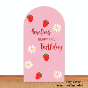 Strawberry Birthday Arch Cover Photo Backdrop Berry First Birthday Pink Double-Sided Fabric Photography Background Photo Studio Cover