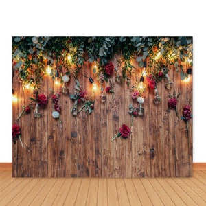 Brown Wood Wall Flowers Leaf Photo Backdrop Wedding Bridal Shower Valentine's Day Light Bulbs Floral Photography Background