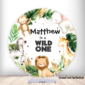Wild One Woodland Round Backdrop Cover Jungle Animals Leaves Birthday Photo Background Polyester Fabric Circle Banner with Elastic