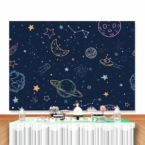 Outer Space Kids Birthday Photo Backdrop Baby Shower Milky Way Planets Gold Stars Photography Background Navy Blue Vinyl Photo Studio Props
