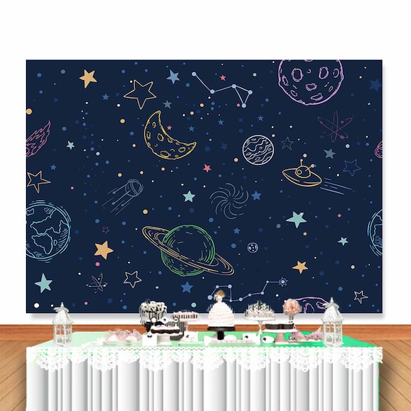 Outer Space Kids Birthday Photo Backdrop Baby Shower Milky Way Planets Gold Stars Photography Background Navy Blue Vinyl Photo Studio Props