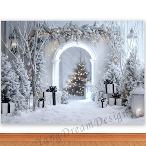 May include: A winter wonderland scene with snow-covered trees, gifts, and lanterns. The image features a snowy archway leading to a Christmas tree. White and black gift boxes are placed in the foreground. The scene is illuminated with soft lighting.