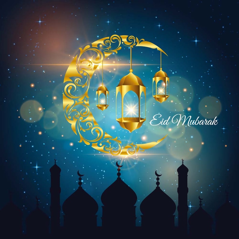 Islamic Eid Mubarak Photo Backdrop Happy Festival Glod Moon Bokeh Photography Background Navy Blue Sky Shiny Vinyl Photo Studio Props