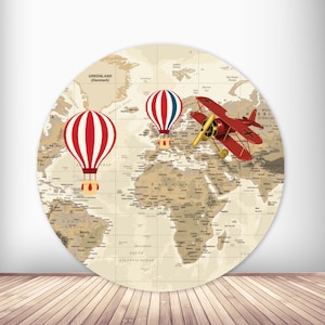 Vintage avion carte du monde photo ronde toile de fond baby shower rouge montgolfière fond de photographie beige cercle bannière