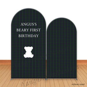 Toile de fond photo ours à carreaux vert : couverture de fond arc en tissu pour baby shower