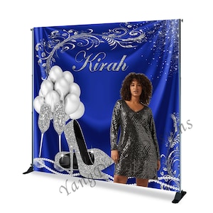 Fondo de foto de cumpleaños personalizado con tacones altos, copa de vino, fondo de fotografía azul real y plateado, pancarta personalizada con tu foto.