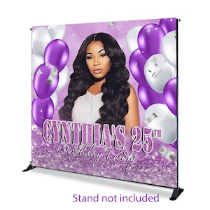 Sfondo fotografico personalizzato per compleanno con palloncini, sfondo fotografico viola e argento, banner fotografico personalizzato