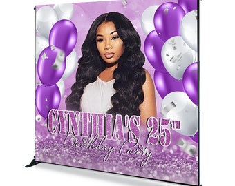 Custom Photo Birthday Backdrop with Balloons Purple and Silver Photography Background Personalized Your Picture Banner
