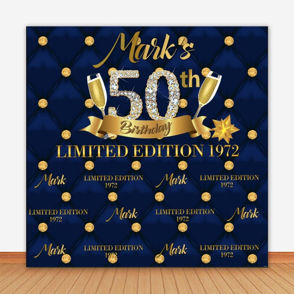 Step and Repeat 50th Birthday Photo Backdrop for Men Champagne Navy Blue and Gold Photography Background Sofa Texture Photo Studio Banner