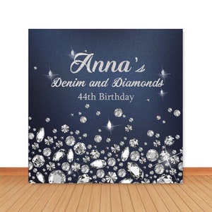 Denim and Diamonds Birthday Backdrop for Photography Happy 30th 40th Birthday Background Navy Blue Vinyl Polyester Picture Banner