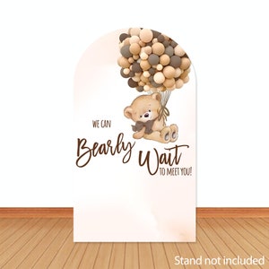 Non vediamo l'ora di incontrarti, sfondo fotografico con palloncini, telo per arco orsetto, sfondo per baby shower, sfondo per studio fotografico in tessuto
