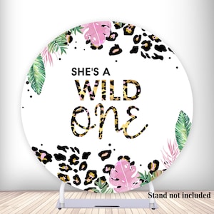 She's A Wild One Round Backdrop Cover Girls 1st Birthday Photo Background Leopard Tropical leaves Fabric Circle Banner with Elastic