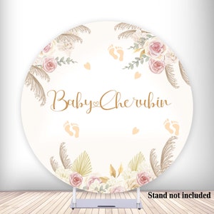 Sfondo rotondo per foto di benvenuto, sfondo per baby shower, impronte di piedi, fiori boho, striscione in tessuto di poliestere con elastico