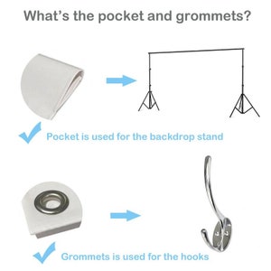 May include: A white backdrop with a sewn-in pocket for a backdrop stand and metal grommets for hanging hooks.