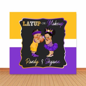 Layup or Makeup Gender Reveal Background Photo Backdrop Sport Baby Shower Photography Background Purple or Yellow Vinyl Photo Studio Props