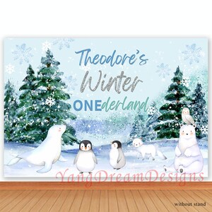 Sfondo fotografico invernale Onederland, sfondo invernale per la festa del primo compleanno, sfondo fotografico con fiocco di neve, orso polare, pinguino, banner per studio fotografico