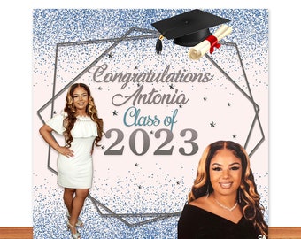 Blue Glitter Graduation Photo Backdrop: Class of 2025 Vinyl Banner